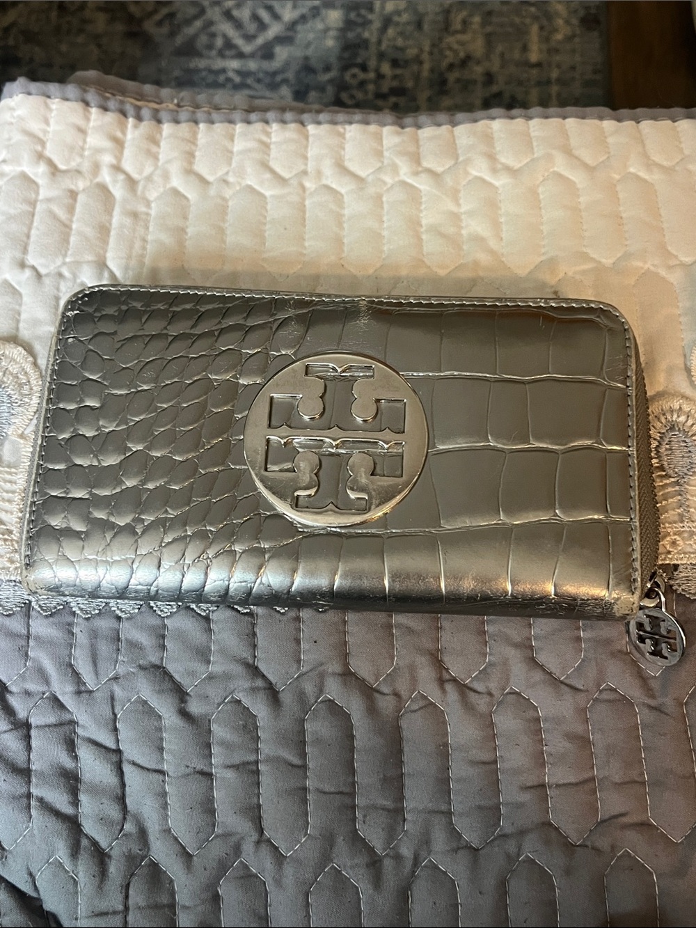 Silver metallic Tory Burch zip around wallet